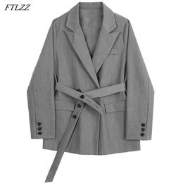 Spring Arrival Women Elegant Double Breasted Sashes Slim Suit Jackets Office Ladies Vintage Solid Grey Blazer 210430