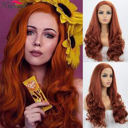 free part wigs UK - Synthetic Wigs Lace Front Wig Long Wavy For Women Copper Red Orange Free Part High Temperature Fiber Hair Halloween