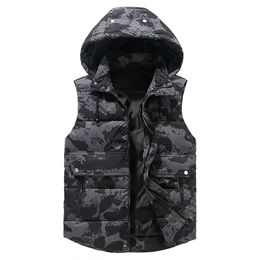 Men's Winter Vest Plus Size 5xl Hat Detachable Waistcoat Camouflage Sleeveless Jackets Warm Parkas Unloading Coat for Men Unisex 220114