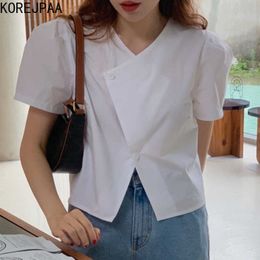 Korejpaa Women Shirt Summer Korean Chic Niche Design V-Neck Irregular Button Loose Solid Color All-Match Puff Sleeve Blouse 210526