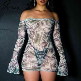 Joskaa Money Print Flare Sleeve Sexy Off The Shoulder Mini Dress for Women New Mesh See Through Bodycon Club Dresses 210322