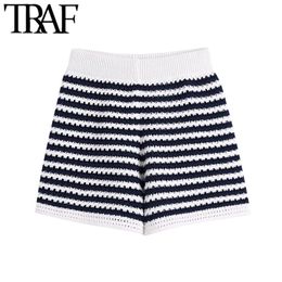 TRAF Women Chic Fashion Striped Knitted Shorts Vintage High Elastic Waist Female Short Pants Mujer 210625