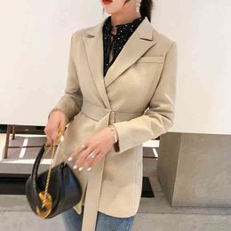 Spring Minimalist Long Sleeve Loose Casual Ladies Office Suit Jacket Suits Outwear Lace Up Black Blazer 16Q594 210510