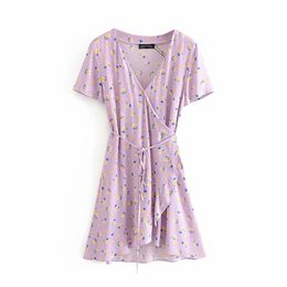 Summer Women Vintage Mini Dress Wrap Sashes Bow Tie Short Sleeve Floral Print es Female Elegant V-Neck vestidos 210513