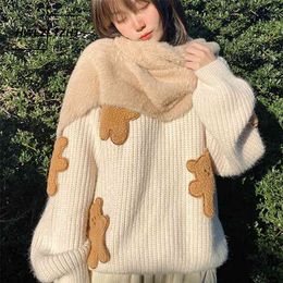HWLZLTZHT Korean Loose Sweater Cartoons Print Kawaii Pullovers Japanese Knitting Jumpers Winter Long-Sleeved Soft Sweater 210812