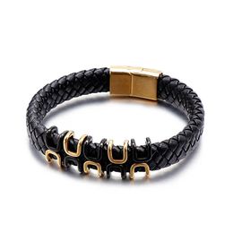 Fashion Twist Leather Stainless Steel Men Gold Cable Wire Magnetic Buckle Bangle Braceletstrendy Blood Men Colour Bracelets Q0720