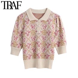 Women Fashion Animal Jacquard Knitted Sweater Vintage Lapel Collar Short Sleeve Female Pullovers Chic Tops 210507