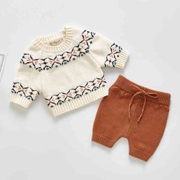 Spring Autumn Infant Baby Girls Pure Color Knit Long Sleeve Top + Shorts Pants Clothing Sets Kids Boy Girl Suit Clothes 210429