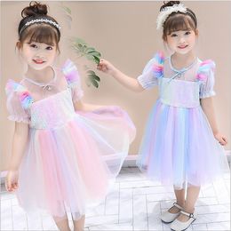 Girl Casual Summer Dress Kids Girl Sequins Colourful Cosplay Party Dresses Girls Birthday Princess Dress 3-10 Years Q0716