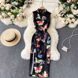 Women Fashion Vintage Improved Cheongsam Stand Collar Buckle Sleeveless Waist-thin Fork Package Hip Dress Vestidos R740 210527