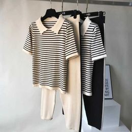 Fashion Striped Patchwork Knitted 2Peice Set Women Turn-Down Collar Short Sleeve T-shirt+Ankle-Length Pants Casual Tracksuit 210610