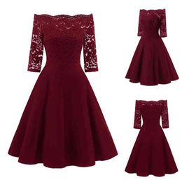 Women Elegant Lace Dress Half Sleeve Off Shoulder Wedding Party Costume Solid Knee-Length Evening Party Prom Dress Vestidos Y1204