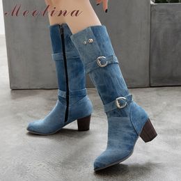 Boots High Denim Women Winter Knee Buckle Thick Heel Long Zipper Round Toe Shoes Lady Autumn Plus Size 34-46 53