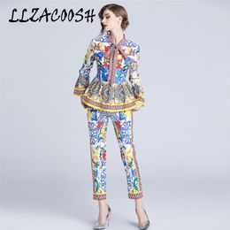 Fashion Runway Pants Suit Sets Women's Flare Sleeve Bow Collar Print Blouses and Casual Two Pieces Set 211105
