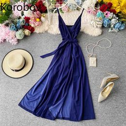 Korobov Summer Solid Beach Style Dress Bohemian Backless V Neck Spaghetti Strap Dresses High Waist Lacing Bow Vestidos 210430