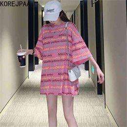 Korejpaa Women T-shirt Short Sleeve Fashion Summer Harajuku Letter Korean Loose Casual Medium Length Top Tee Shirt 210526
