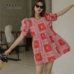 Vintage Red Puff Sleeve Summer Dress Cotton Loose Short Mini Women Korean Fashion Clothing 210427