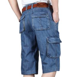 Summer Brand Mens Jeans Denim Shorts Cotton Cargo Shorts Big Pocket Loose Baggy Wide Leg Embroidery Bermuda Beach Boardshort 210720