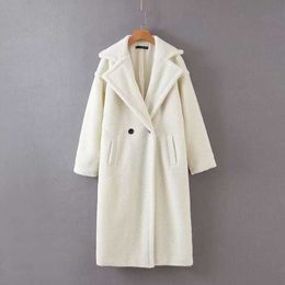 Two Button Winter Women Faux Rabbit Fur Coat Thick Long Overcoat Loose Lapel Warm Jacket Female Plush Coats 210607