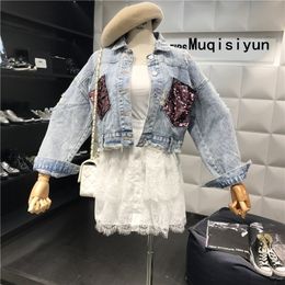 Fashion Spring Autumn Women Long Sleeve Sequins Pocket Denim Coat Female Short Jacket A866 210428