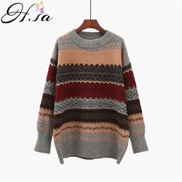 H.SA Women Sweater Pullover Winter Knit Jumpers Loose Striped Pull Jumpers Korean Style Knitwear Casual Top Argyle Sweater 210812