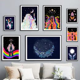 paintings witches UK - Paintings Abstract Witch Witchcraft Hair Moon Sun Wall Art Canvas Painting Nordic Posters And Prints Pictures For Living Room Decor
