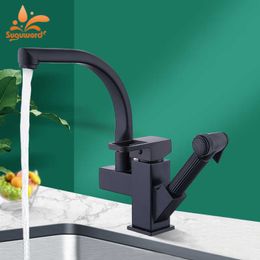 Suguword Kitchen Faucet Matte Black Pull Out Bidet Spray and Cold Water Mixer Tap 360 Degree Rotation Sink Crane 210724