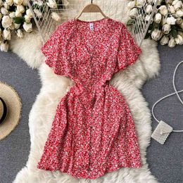 Spring Fashion Temperament Vestidos Female Chiffon Print V-neck Flared Sleeve Mini Dress C561 210506