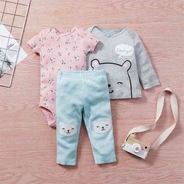 Infant Baby Boy Clothing sets Spring Cute Short Sleeves Tops+long sleeves Romper+Pants 3Pcs born Grils Set 210816