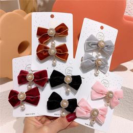 1 Pair Chinese Style Fashion Children's Hairpins Sweet Girl Rhinestones Pearl Velvet Bow Duckbill Clip Kids Hair Accessories