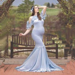 Vetement Femme Women Pregnants Maternity Dress Photography Props Ruffles Off Shoulder Maternity Solid Dress for photo shoot X0902