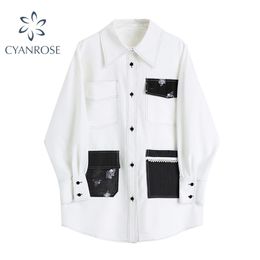 Streetwear Blouses And Shirts Women Long Sleeve Cardigan Vintage Lapel Boyfriend Pocket Oversized White Blusas Tops Female 210515