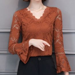 Plus size Women clothing Spring sexy v neck lace Shirt Tops hollow out female Elegant long sleeve Lace Blouse shirts 562G 210317
