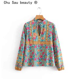 Chu Sau beauty Fashion Vintage Rose Floral Print Blouses Women Boho Bow Beautiful Shirts Female Camisa De Moda 210508