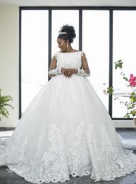 Princess Pearls Beaded Wedding Dresses With Long Sleeve 2021 Appliques Lace Plus Size African Bridal Ball Gown Floor Length Tulle Removable Overskirt