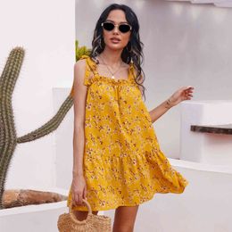 Women O-neck Spaghetti Strap floral Print Ruched Cami Dress Sexy Casual Sleeveless Summer Holiday Mini 210524