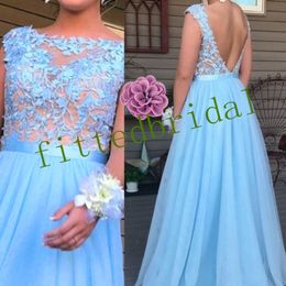 Light Sky Bluep prom Dresses Sleeveless Illusion Beading Princess evening Party gowns