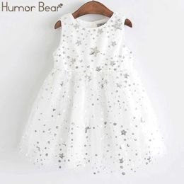 Humour Bear Girls Dress New Summer Sleeveless Star Sequins Children Sweet Party Mesh Princess Kids Q0716