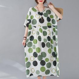 Johnature Korean Women O-neck Short Sleeve Fashion Retro Polka Dot Dress Summer Loose Comfortable Plus Size Dresses 210521
