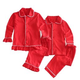 Christmas Classic Kids clothing soft cotton solid cute red Pyjamas winter with ruffle girl kids full sleeve pyjamas sleepwear 211023