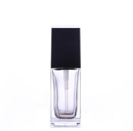 15 20 30 40ML Empty Clear Square Glass Emulsion Essence Bottle With Black Pump Head Cosmetic Containers For Lotion Cleanser Body