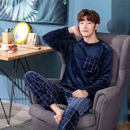 Winter Long Sleeve Thick Warm Flannel Pyjama Sets for Men Coral Velvet Sleepwear Suit Pyjamas Lounge Homewear Home Clothes 210812