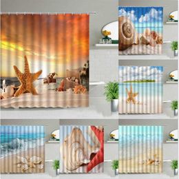 Shower Curtains Sunset Scenery Sunlight Beach Starfish Conch Ocean Landscape Waterproof Cloth Curtain Set Home Bathroom Decor