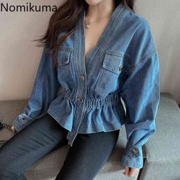 Nomikuma V Neck Denim Jackets Women Solid Color Long Sleeve Coats Tops Female Slim Waist Korean Style High Street Ropa Mujer 210514