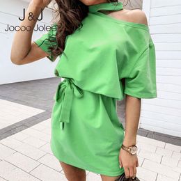 Jocoo Jolee Casual Solid Short Dress Women Short Sleeve Halter Neck Hollow Bandage Mini Dress Vintage Hoodies Dress Sweatshirt 210518