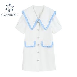 Summer Sweet Ruffle Baby Collar Women Dress Preppy Style Short Sleeve Pockets Colour Contrast Design Female Dresses 210515