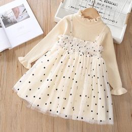 Girls Dress Autumn Winter Baby Knitted Sweaters Polka Dot Suspenders Mesh Fake 2 Pcs Children's Clothes 2 to 6 years 210515