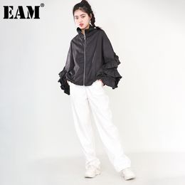 [EAM] Loose Fit Black Ruffles Stitch Big Size Jacket Lapel Long Sleeve Women Coat Fashion Spring Autumn 1B89401 210512