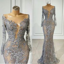 Sexy Transparent Evening Dresses Lace Appliques Long Sleeve Mermaid Prom Gowns for Women Special Occasion vestido de novia