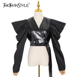Casual Patchwork PU Leather Shirt For Women V Neck Puff Sleeve Short Tops Female Fall Fashion Clothing 210524